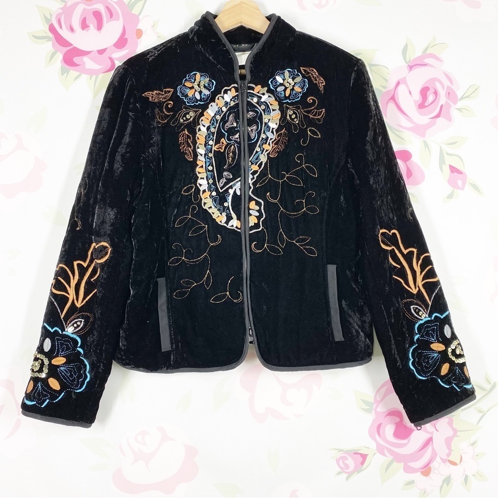 Harve Benard Black Paisley Embroidered Boho Crushed Velvet Jacket 12 - Picture 1 of 10